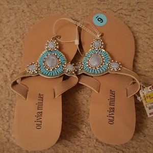 Blingy, blue detailed, tan sandals
